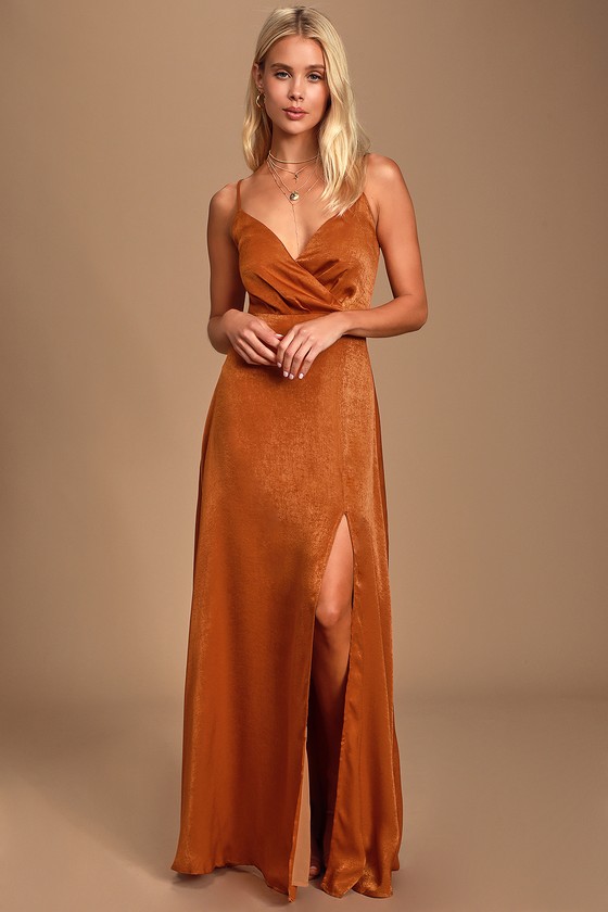 Sexy Rust Orange Maxi Dress - Satin ...